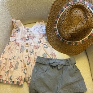 Adorable Patterned Top with Denim colored Shorts and Straw Hat - western theme